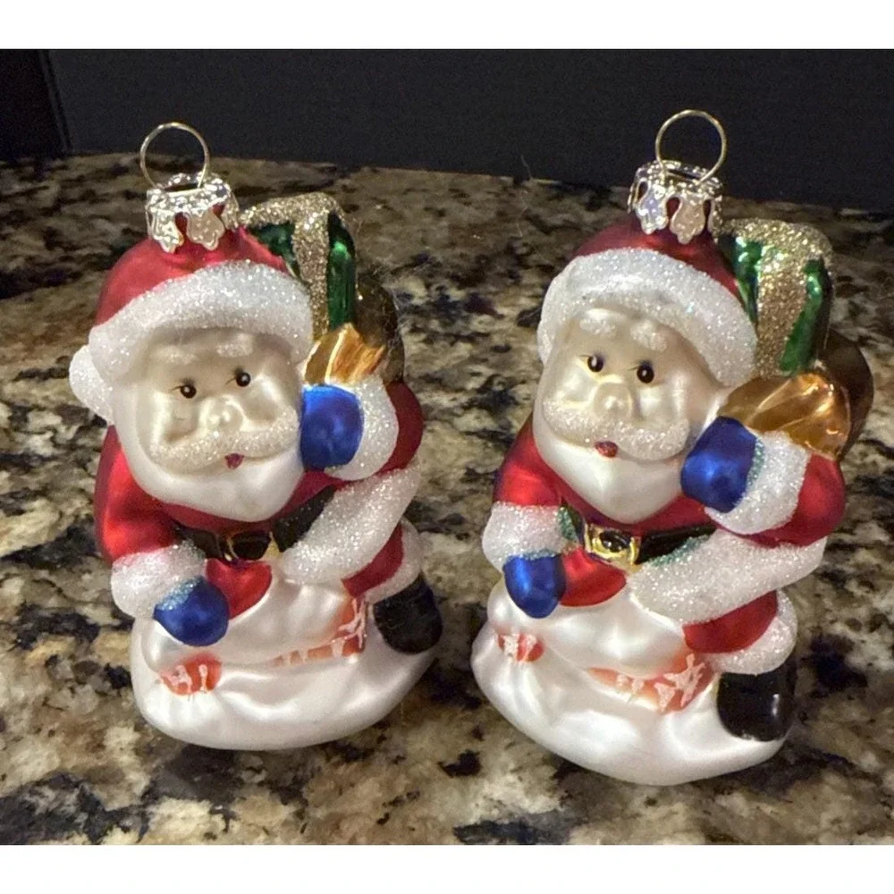 Santa Glass Christmas Holiday Tree Ornaments Set Of‎ 2 Chimney Presents Vintage